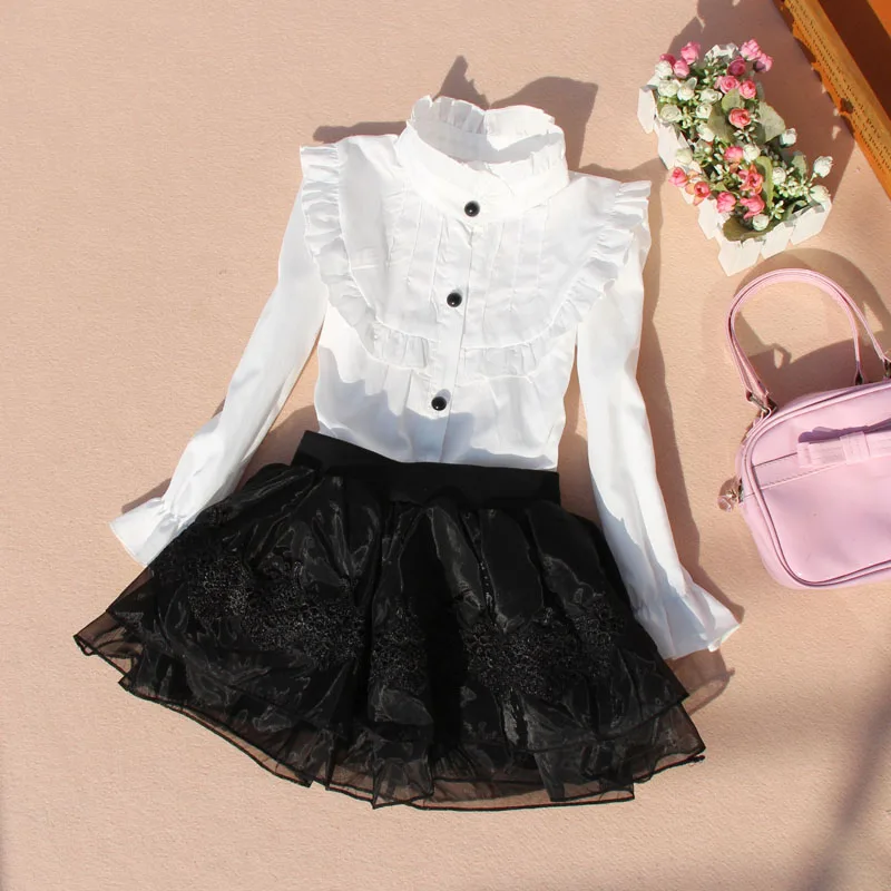 Spring Fall Cotton Ruffles Blouses for Children Teenage School Girls Bow Pure White Shirts Toddler Long Sleeve Tops Baby Clothes