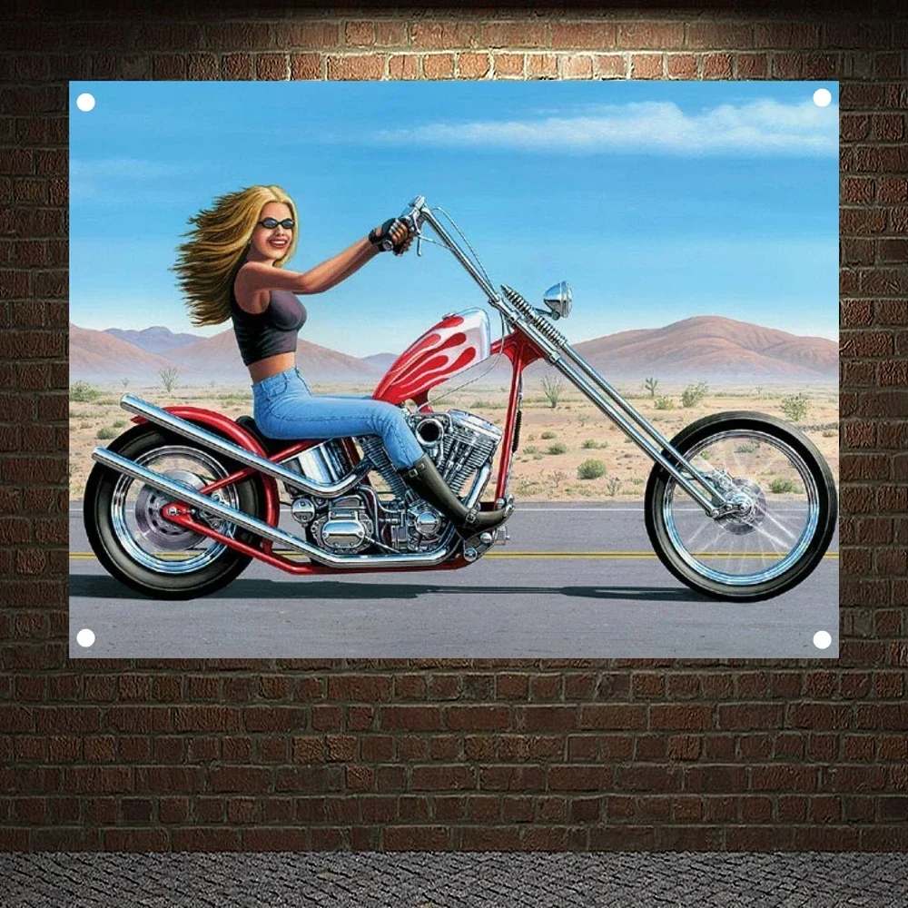 

Motorcycle Rider Girl Banners Wall Art Flag Canvas Painting Bar Cafe Home Decor Motorcyclist Posters Tapestry Wall Hanging Mural