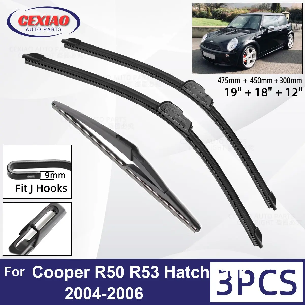 

For MINI Cooper R50 R53 Hatchback 2004- 2006 Car Front Rear Wiper Blades Soft Rubber Windscreen Wipers Auto Windshield 19"18"12"