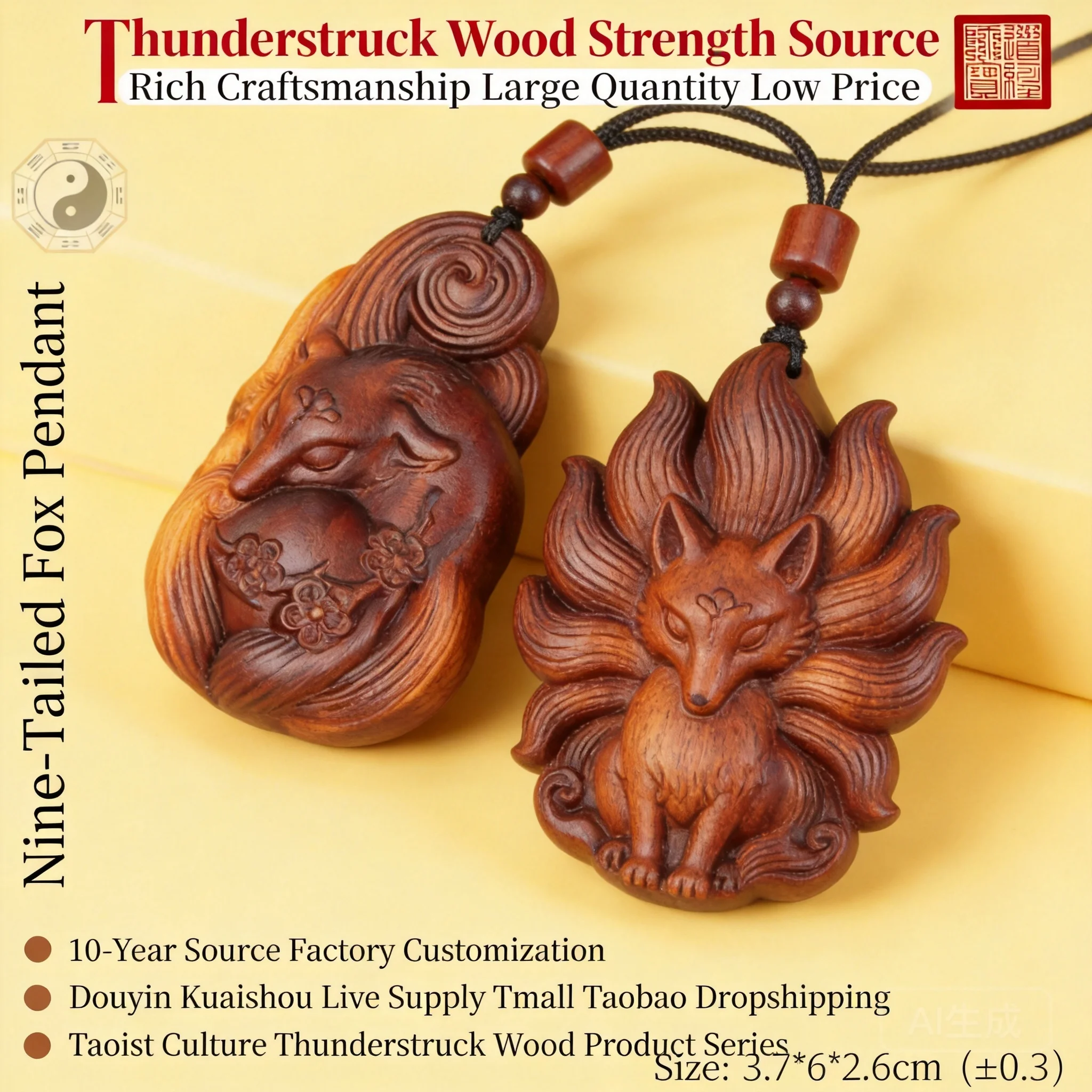 Chinese Style Thunder Struck Peach Wood Nine Tailed Fox Pendant Lucky Blessing Good Fortune Amulet Carved Taoism Jewelry Gift