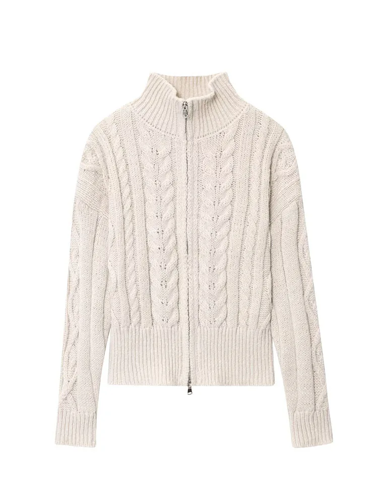 HH Women Autumn New Fashion Lazy Style Zipper Stand Collar Twist Knitted Cardigan Female Versatile Warm Long Sleeve Sweater