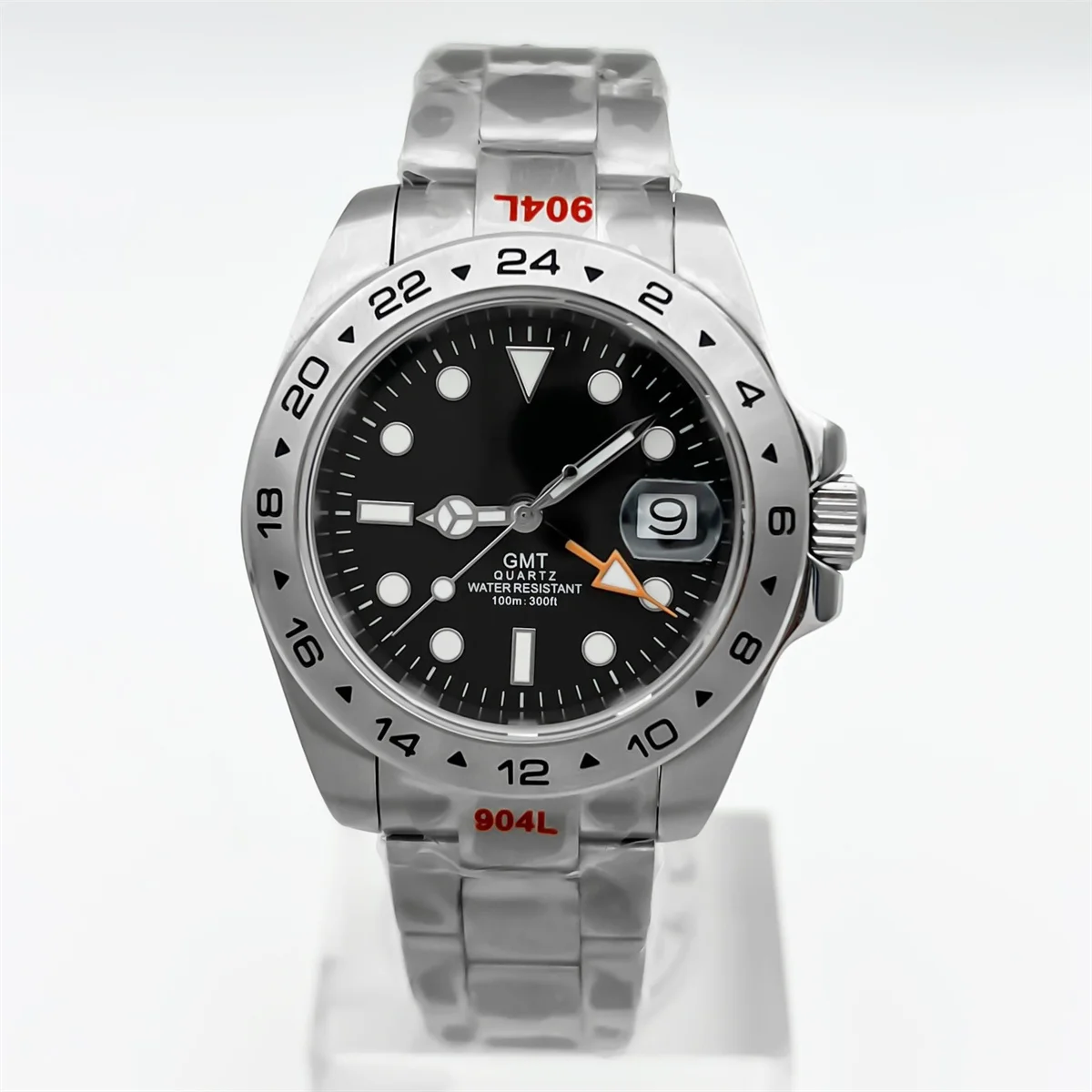 Мужские часы BLIGER 40 мм Rhonda 515-24H GMT, 24 часа, серебряный фиксированный безель, сапфировое стекло, зеленый светящийся браслет из нержавеющей стали