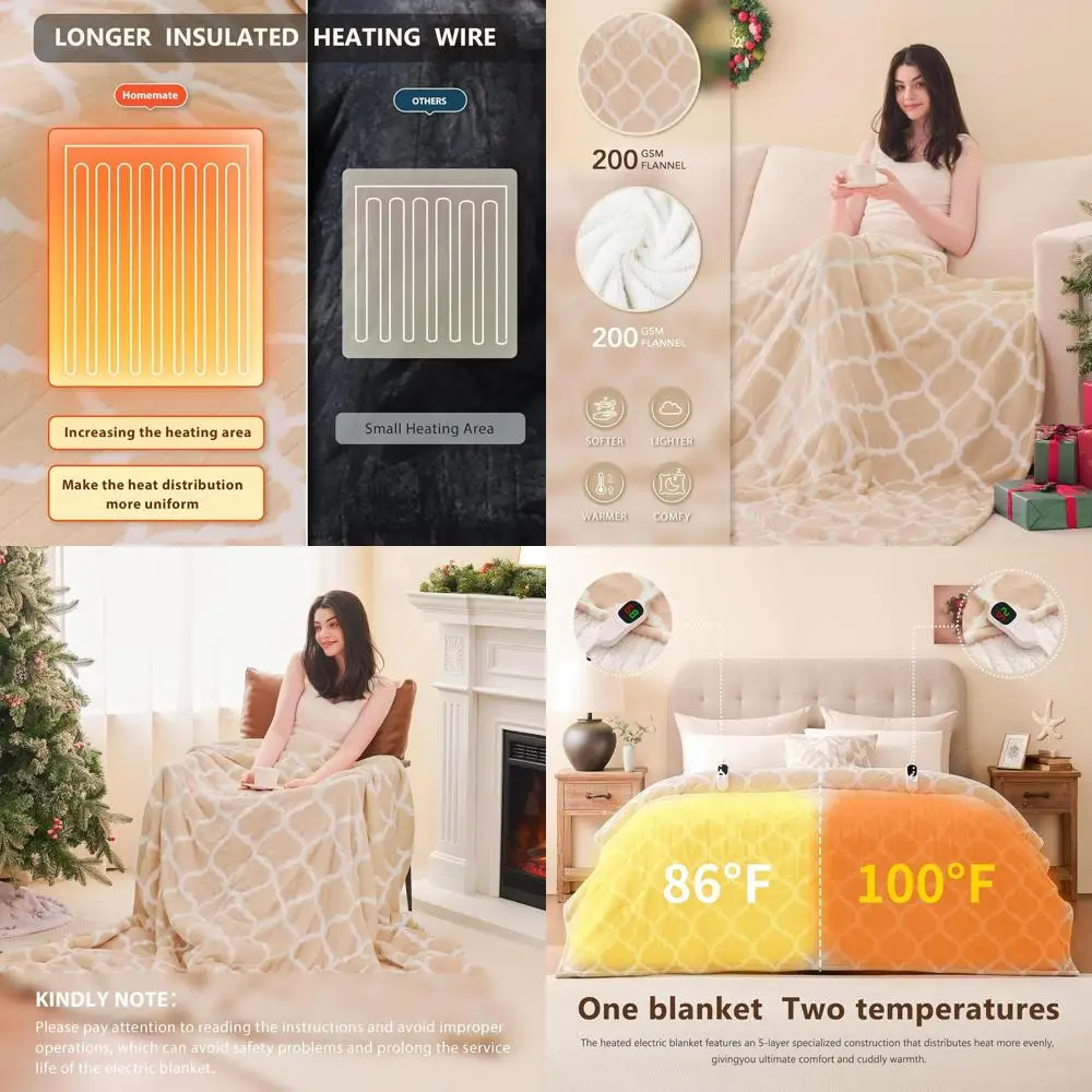 

King Size Electric Blanket - 100x90 with 10 Heat Levels, 8-Hour Auto Shut-Off, Soft Flannel, Overheat Protection, ETL Certified