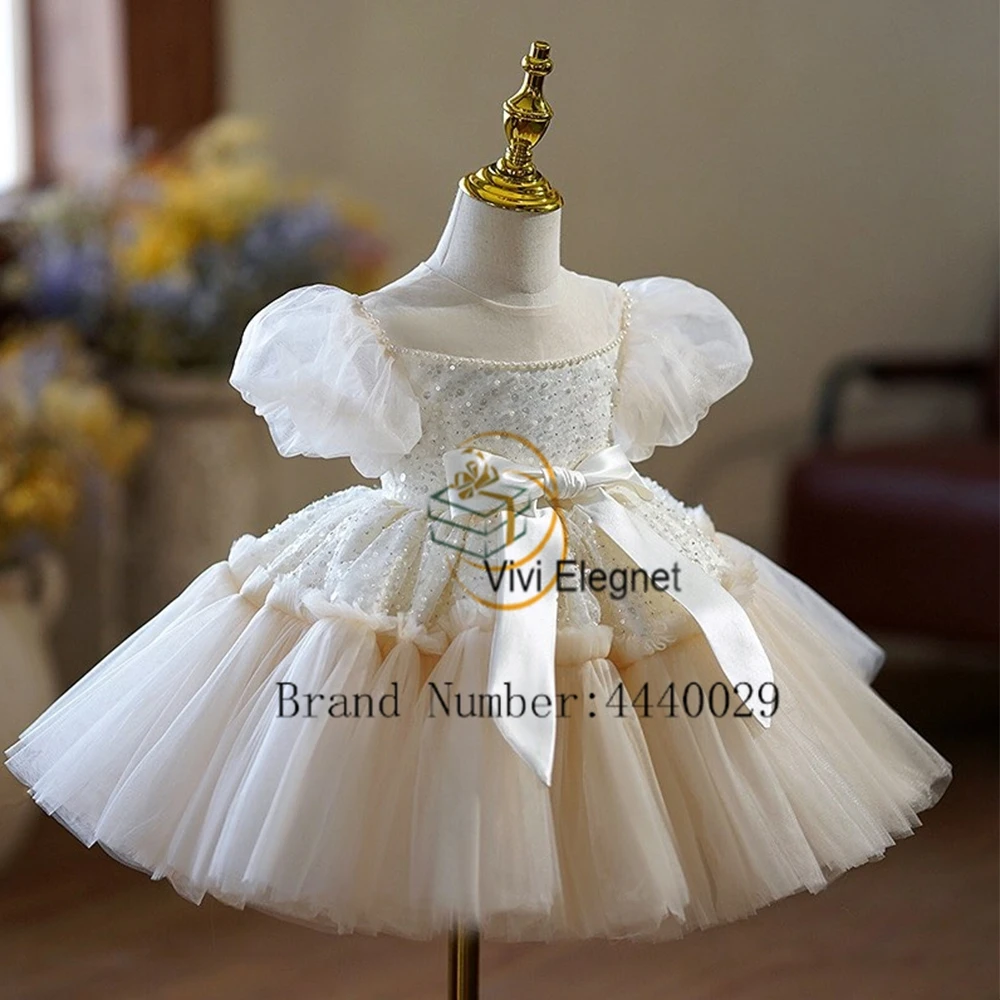 Modern Ivory Short Sleeve Flower Girls Dresses for Kids Real Picture 2024 Summer Tiered Wedding Party Dresses with Sequined Bow