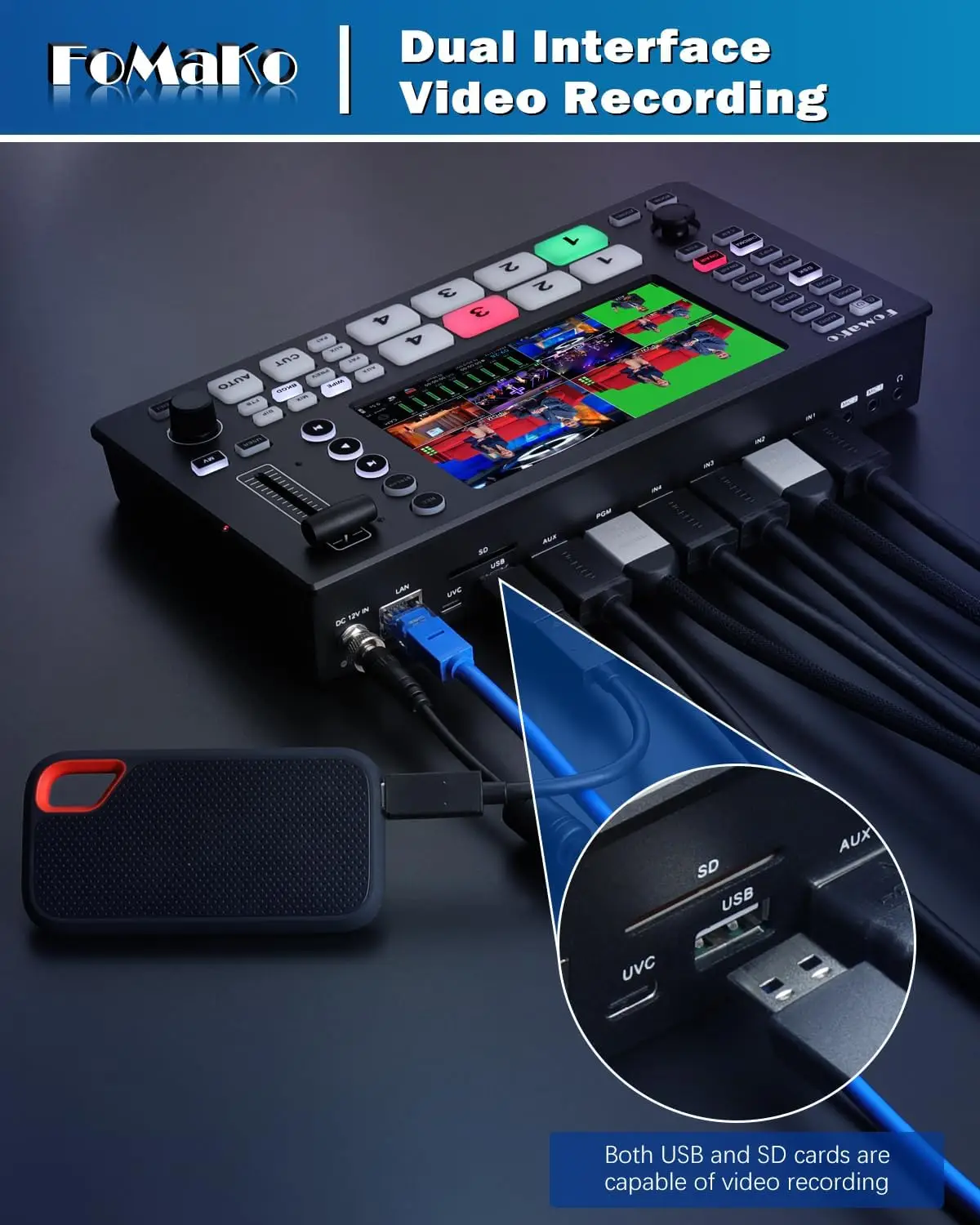 كاميرا FoMaKo NDI PTZ، زووم بصري 30X، جهاز تتبع تلقائي AI Gen 3، جهاز مزج فيديو للبث المباشر للوسائط وتقارير الأخبار (KN30AX3+M3)