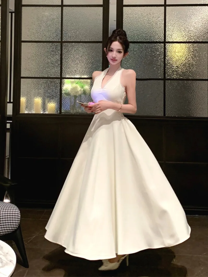 

Ele White V-ne Hanging Ne Dr Women's Faion Spring New Sexy Evening Gown Waist-cinching Long Dr