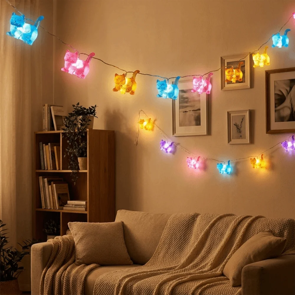 10/20pcs Lights Cat Shaped String Lights Cute Battery Operated Kitten Decorative Light Cartoon Party String Lights Halloween