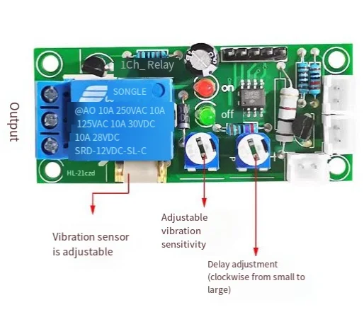 Vibration sensing switch module, adjustable sensitivity and delay. Vibration relay switch sensor module, DC12V