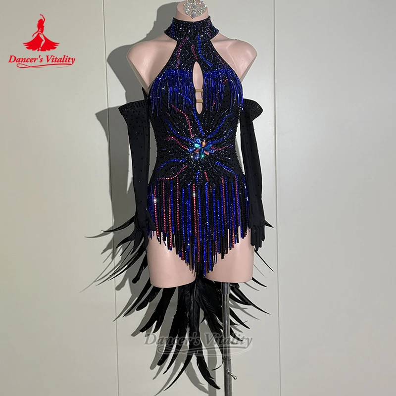 Adult Latin Dance Sleeveless Hight-neck Dresses Customized Teenagers Samba Jive Perform Feather Style Clothing Dancer's Vitality