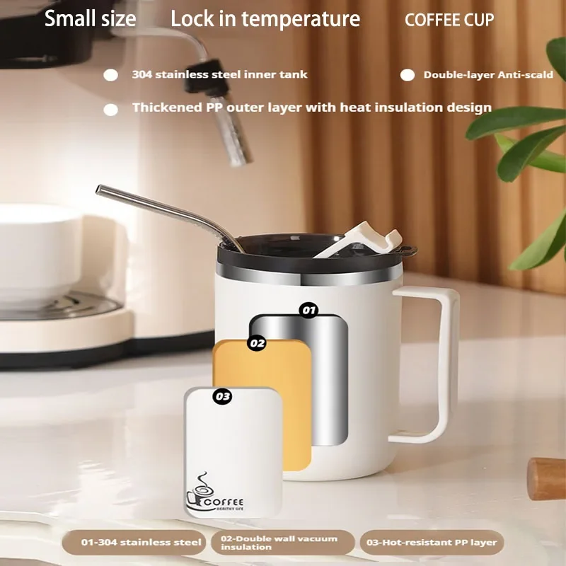 430ML Double-layer Mug Milk Coffee Cup Stainless Steel Thermal Coffee Mug WIth Handle Insulated Cup Portable Sealed Water Cups