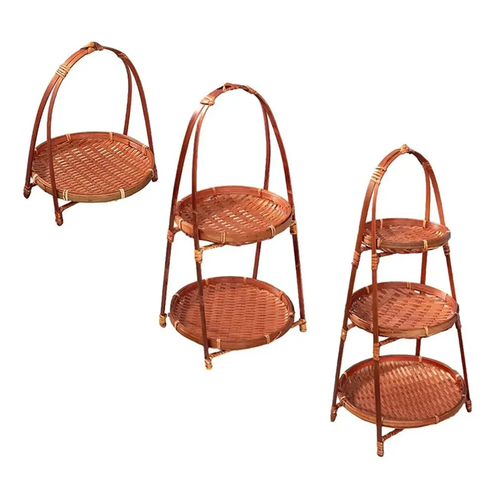 1Pcs Fruit Food Vegetable Bamboo Woven Basket Multi-function Handwoven Standing Tray 1/2/3 Layers Storage Basket For Kitchen