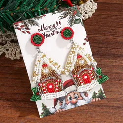 1 Pair Of Fashionable Christmas House Rice Bead Earrings For Women's Party Exaggerated Personality Pure Handmade Bead Earrings
