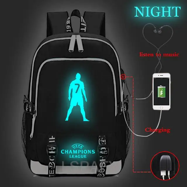 High quality Cristiano Ronaldo CR7 Luminous USB Charge Tenns backpack USB charging CR7 rucksack men women Mochila