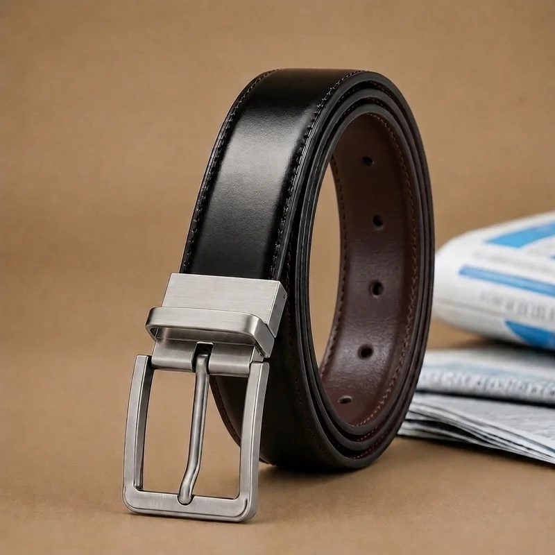 Men Reversible PU Leather Belt 360° Rotatable Zinc Alloy Pin Buckle Double Sided Black Brown Dress Business Waist Strap