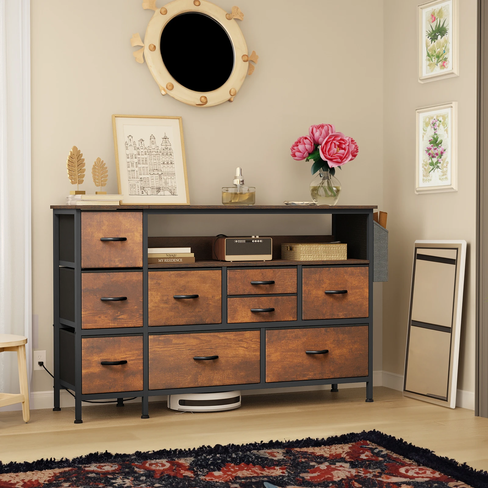 

TV Stand 9 Drawer Dresser Storage with Power Outlet w/Side Pockets & Hooks