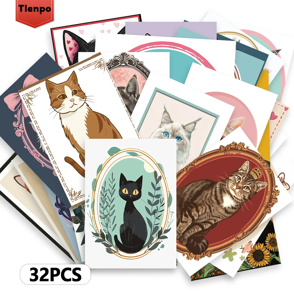 32-teiliges Vintage-Katzen-Postkarten-Set, Retro-Katzen-Fotorahmen, Weihnachtsgeschenk, Schlafzimmer-Dekoration, dicker Karton, hochauflösender Druck