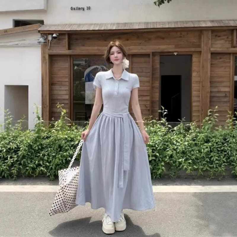 2025 جديد اليابانية الكورية أنيقة الصيف بولو فستان بياقة تي شيرت الربط قصيرة الأكمام النساء الركبة طول مرونة الخصر فساتين