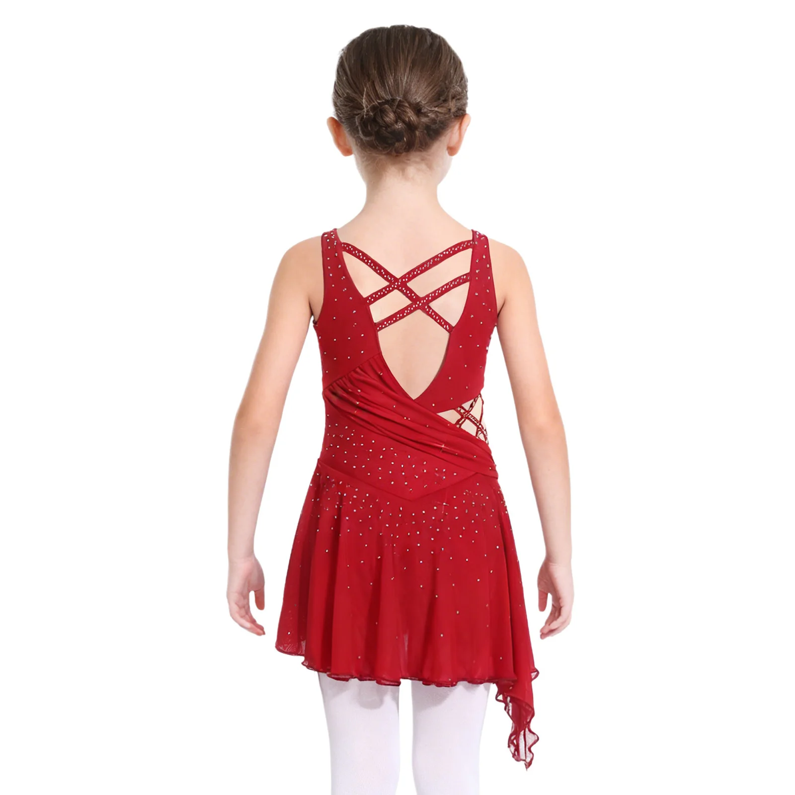 Kids Girls Shiny Rhinestones Ballet Lyrical Dance Dress Sleeveless Crisscross V-Back Sheer Mesh Splice Side Slit Leotard Dress