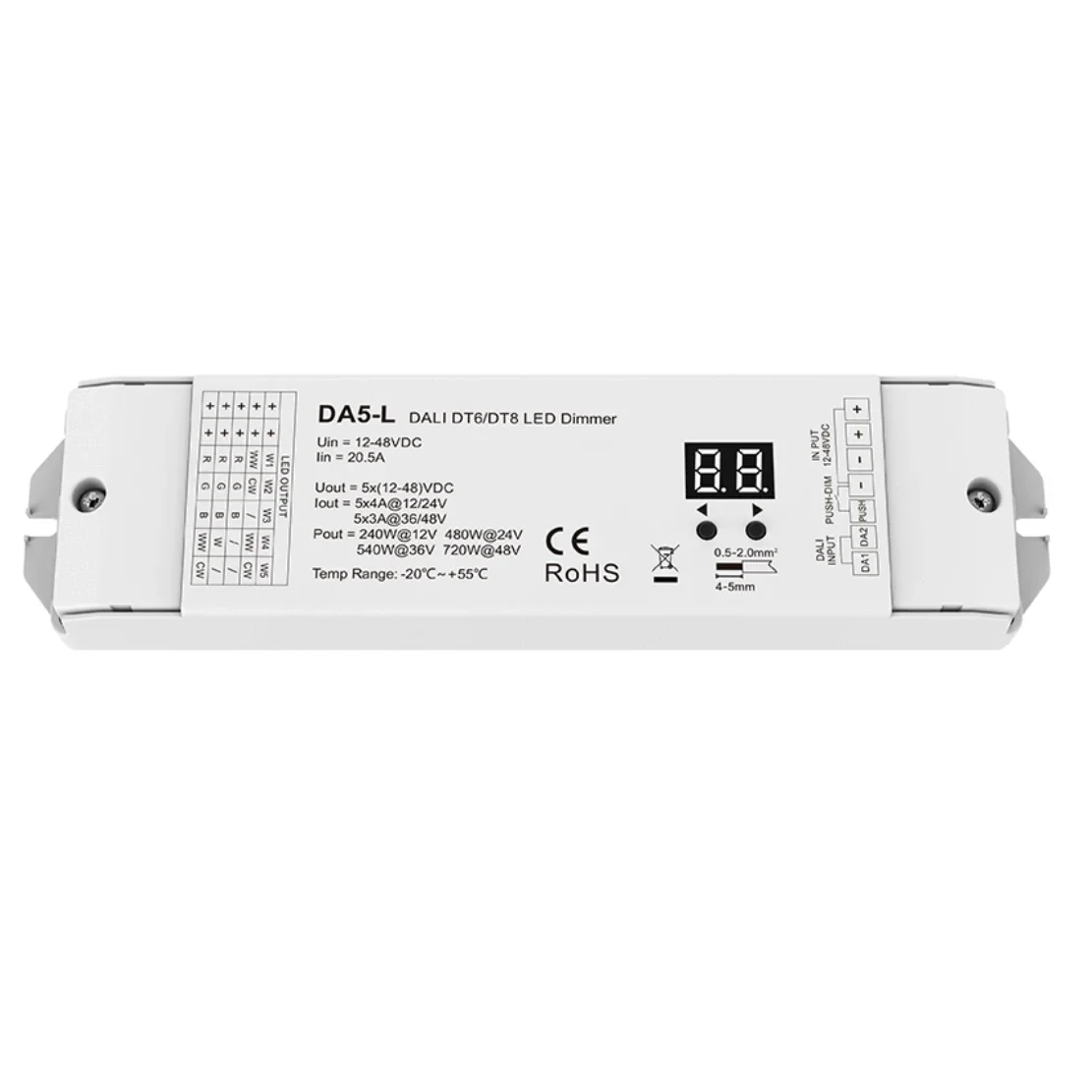 

5CH*4A 12V-48VDC CV DALI LED Dimmer 5 Channel 24V Controller Constant Voltage DA5-L（DT6/DT8）For RGB RGBCCT LED Strip Light Tape