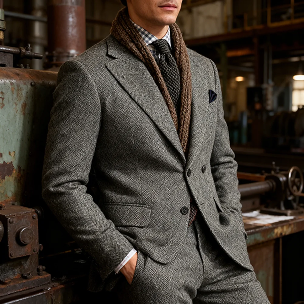 

Elegant Herringbone Prom Party Suit Sets For Men Fashion Notch Lapel Male Blazer Pants 3 Pieces Formal Evening Suit Attire