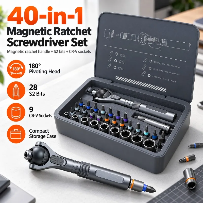 40-in-1 Magnetic Ratcheting Screwdriver Kit, 28 S2 Bits, 9 CR-V Sockets, 180° Flexible Head with Extension Bar and Storage Case