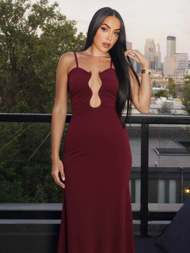 Nibber Metal Decoration Maxi Dress Women u-Neck Folds Backless Sleeveless Solid Elegant Prom Party Fashion Summer Chic Vestidos