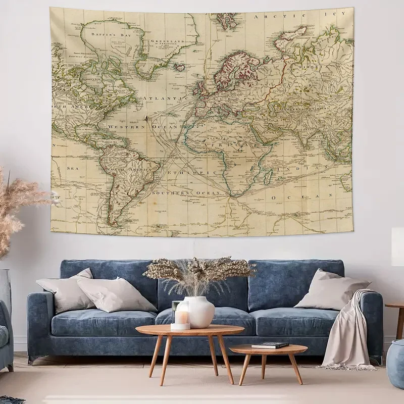 Vintage World Map Tapestry Ancient Europe Asia Wall Hanging Decor Room Aesthetic Travel Theme Home Textile Art #4