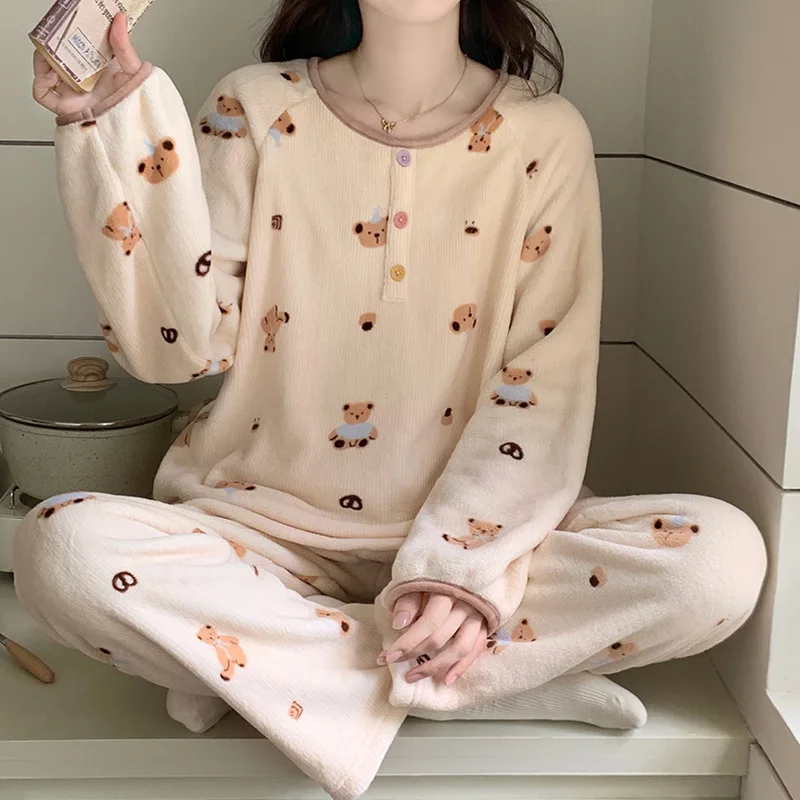 

Female Coral Fleece Pajamas Homewear Set Autumn Winter Women's Sweet Plush Pants Keep Warm Lady New Style Nightgown Sleepcoat