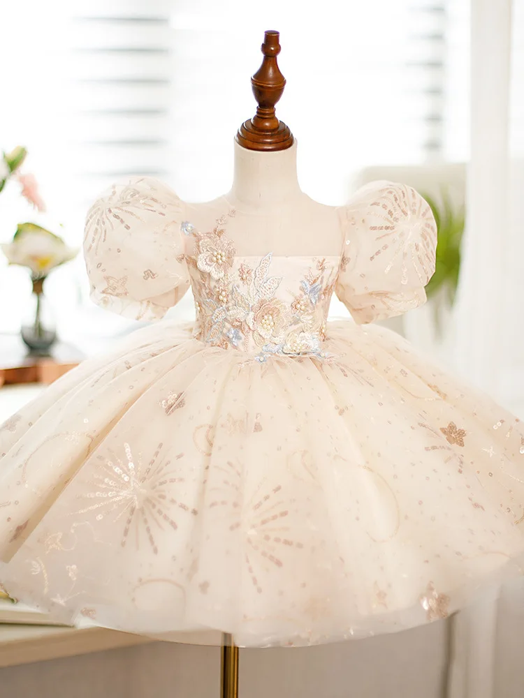 Flower Kids Wedding Princess Dress Luxury Puff Sleeves Baby Girls Birthday Formal Dresses Noble Performance Models Show Ballgown