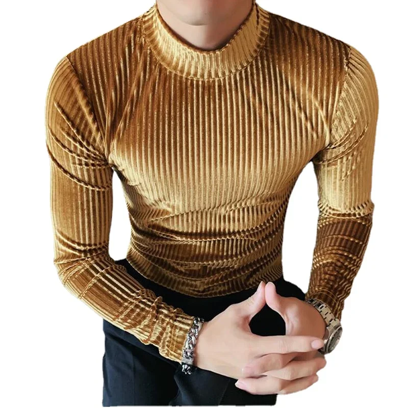 New Gold Velvet T Shirt Men Clothing 2024 Autumn and Winter Fashion Luxury Prom Party Long-sleeved Striped Pullover Homme 4XL-S