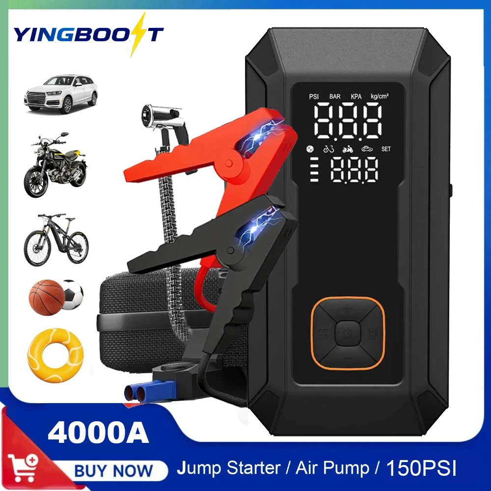 

YINGBOOST 4000A Jump Starter Battery Booster 150Psi Air Pump Multi-function Tire Inflator Power Bank LED Light for 12V Vehicles
