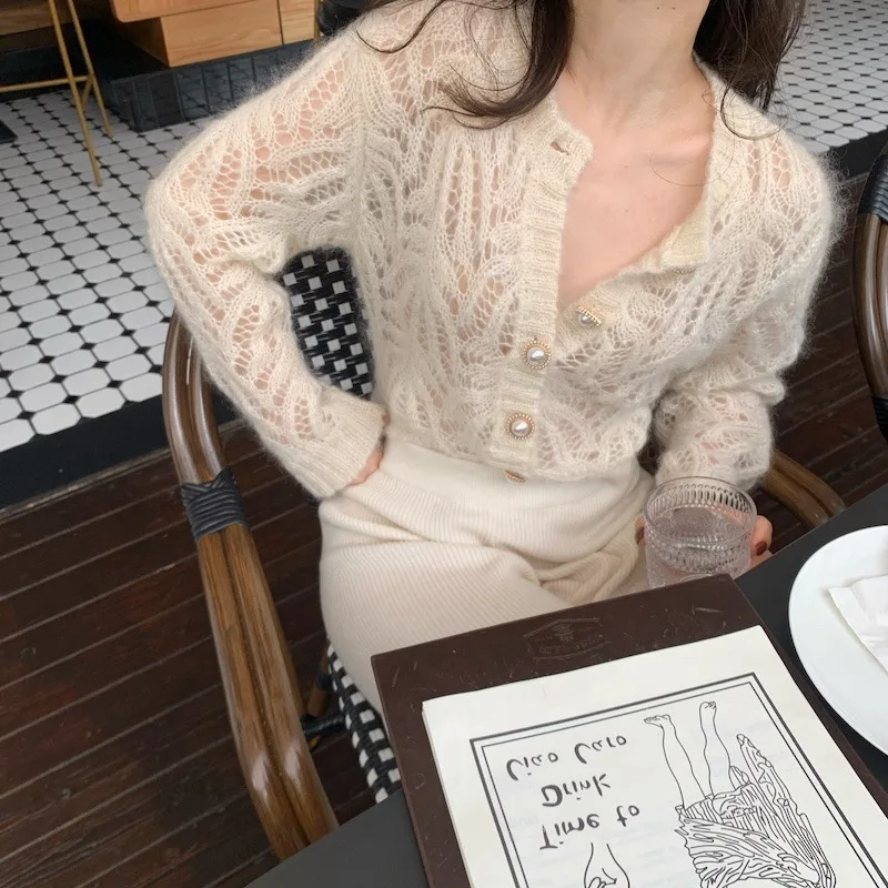 Women Sexy Cardigan Gentle Mohair Hollow Out Knit Sweater Vintage Button Sexy Long Sleeve Tops Loose Coat Casual Knitwear Chic