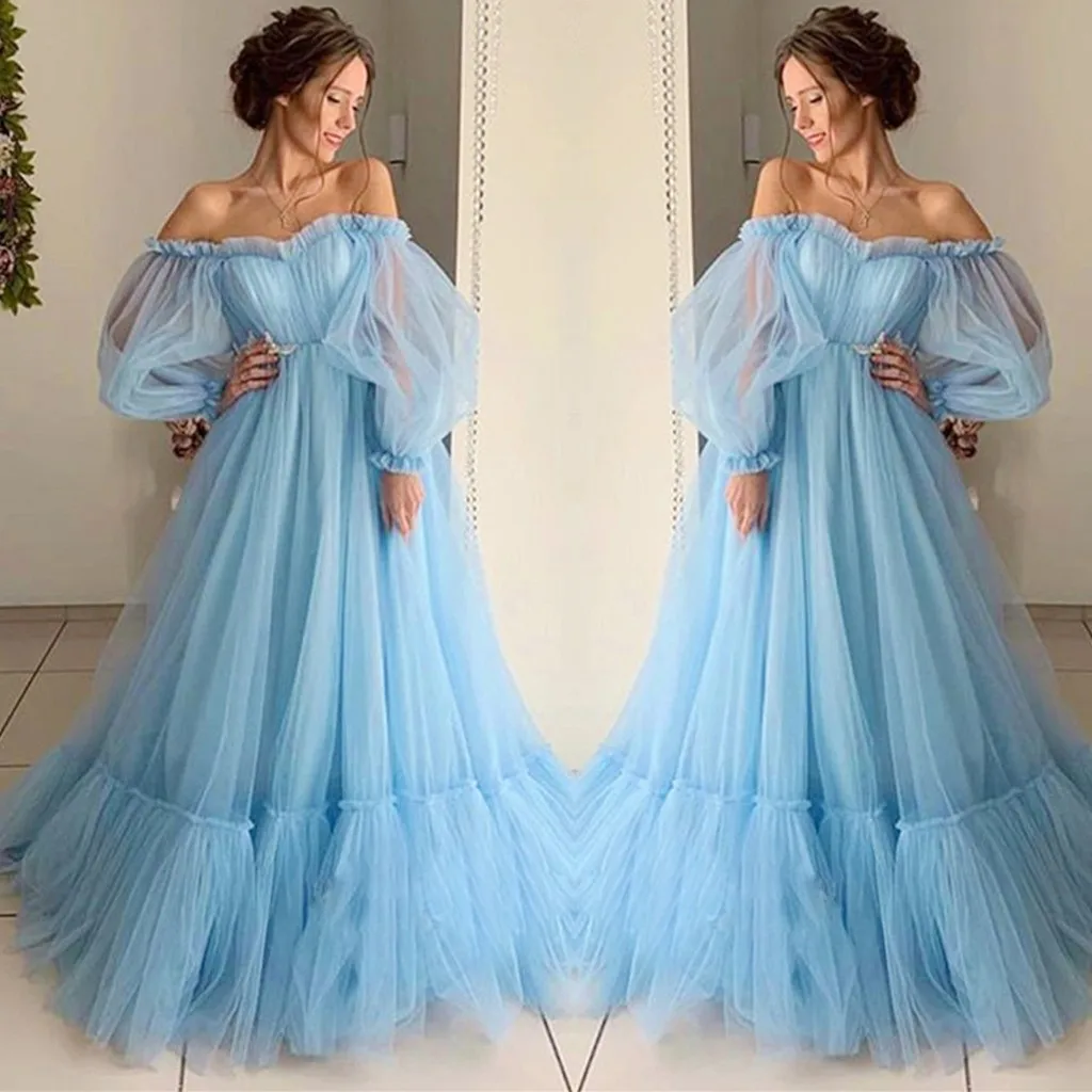 Retro Princess Dress Women Solid Color Long Sleeve Slash-Neck Fashion Tulle Long Full Dress Female Gauze Lantern Dress Prom Robe