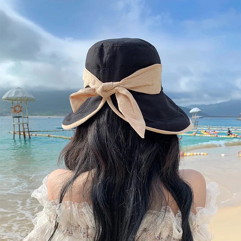 

Big Brim Sun Hat Women's Summer UV Protection Sunhat Japanese Bow Face-covering Color matching Cap