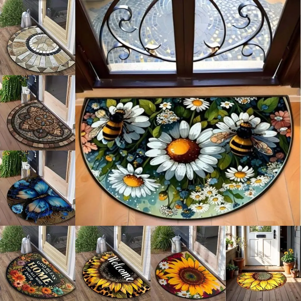 Thickened Non Slip Half Round Doormat Absorbent Boho Door Mat Flower Floral Washable Doorway Welcome Rugs Outdoor