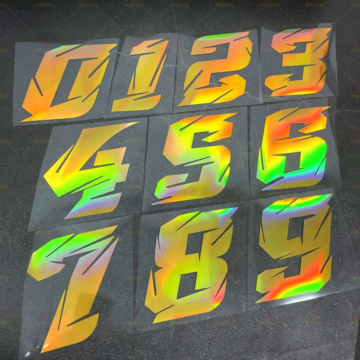 

2 шт., золотые лазерные наклейки с номером мотоцикла, водонепроницаемые для мотоциклетного шлема, обтекатель топливного бака, автомобиля, скутера, универсальные виниловые наклейки