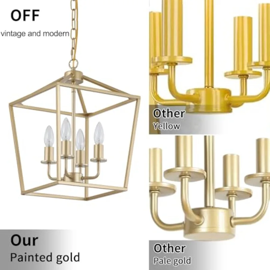 Industrial 4 Lights Chandelier, Lantern Ceiling Light Fixtures with Rustic Metal Cage Adjustable Height Farmhouse Geometric Han