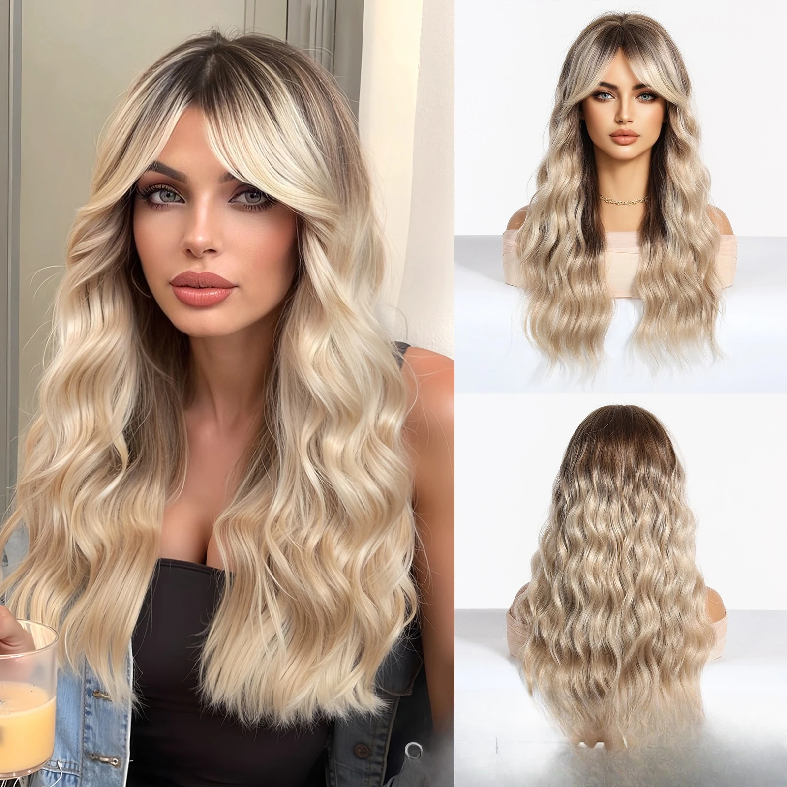 

60Cm European and American women's wig, long curly hair, light gold, water ripple wig, headgear, and top of the head dyed.