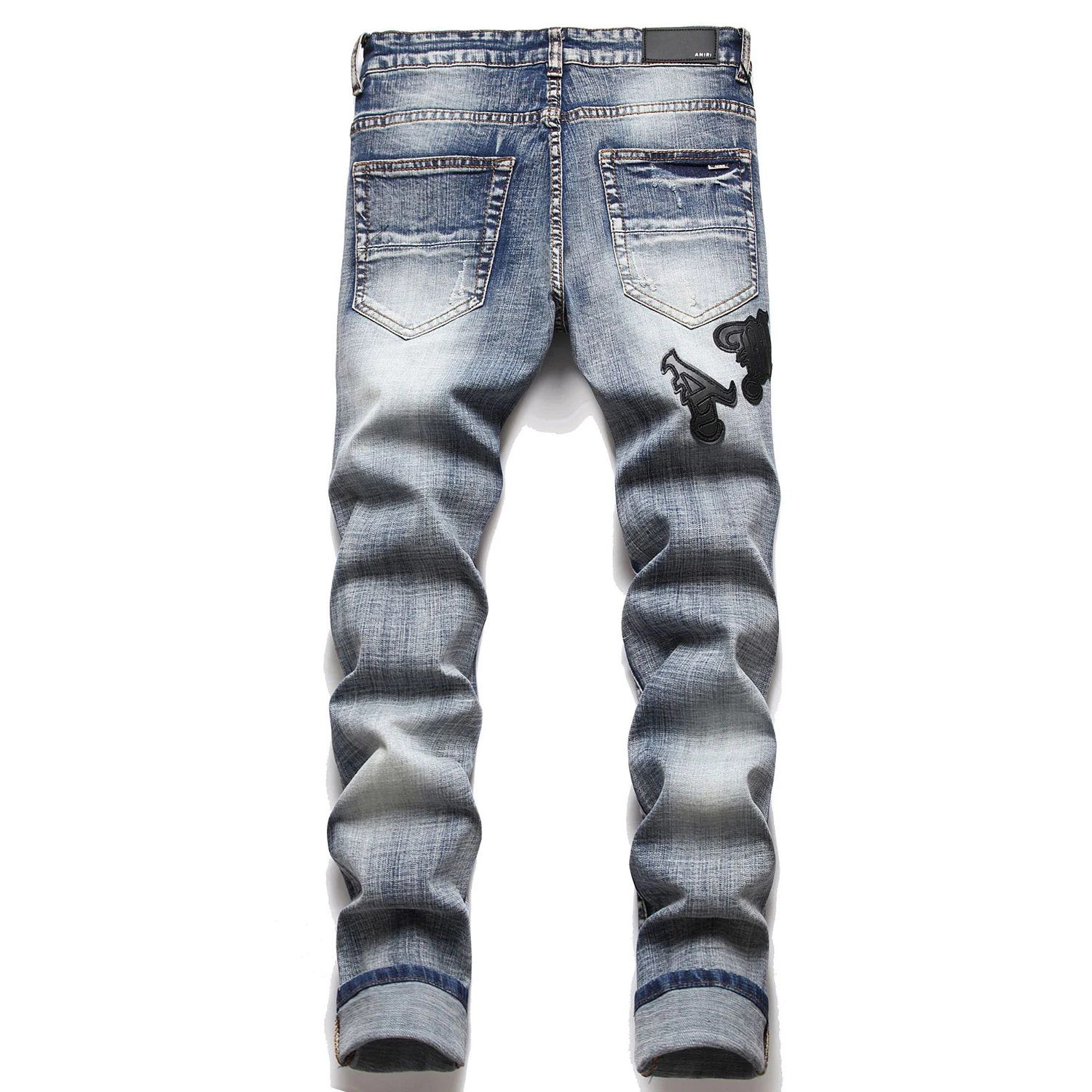 Light Luxury Men’s Slim-fit Stretch Blue Denim Pants,Embroidery Decors Ripped Trendy Casual Pants, Stylish Sexy Street Jeans ;