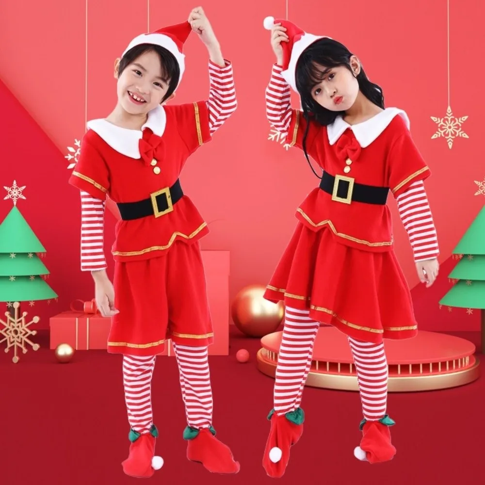Menino menina conjunto completo traje de natal arco confortável elfo cosplay vermelho role play outfit festa de natal