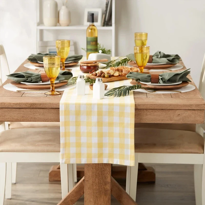 VIKAMA Yellow White Gingham Check Table Runner, Linen Washable Table Scarf Farmhouse Spring Dining Table Decor