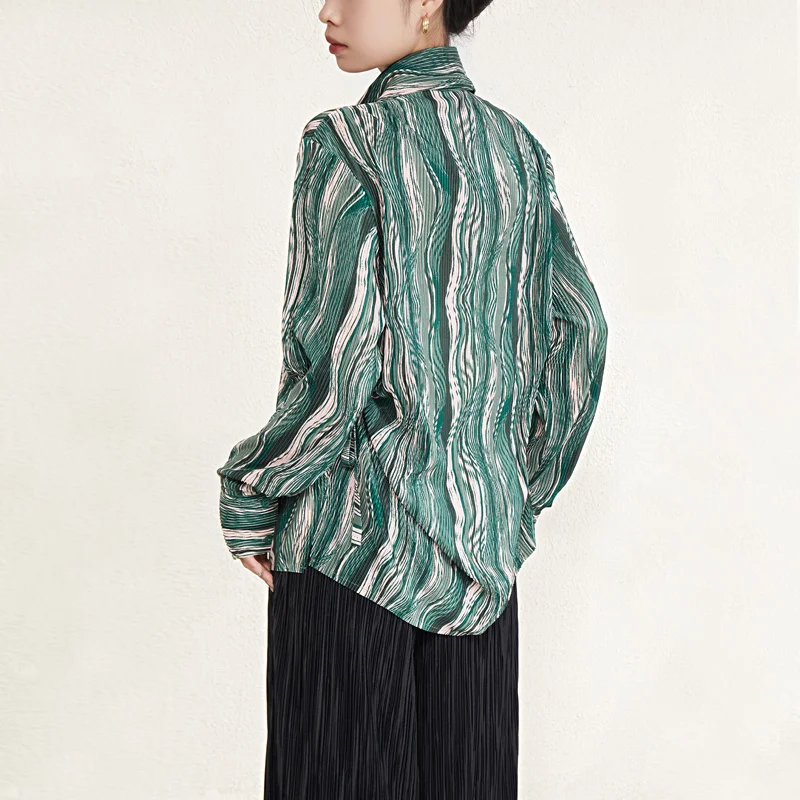 2025 New Women Miyake Design Striped Shirt Casual Style Loose Pleated Top Woman Casual Blouse