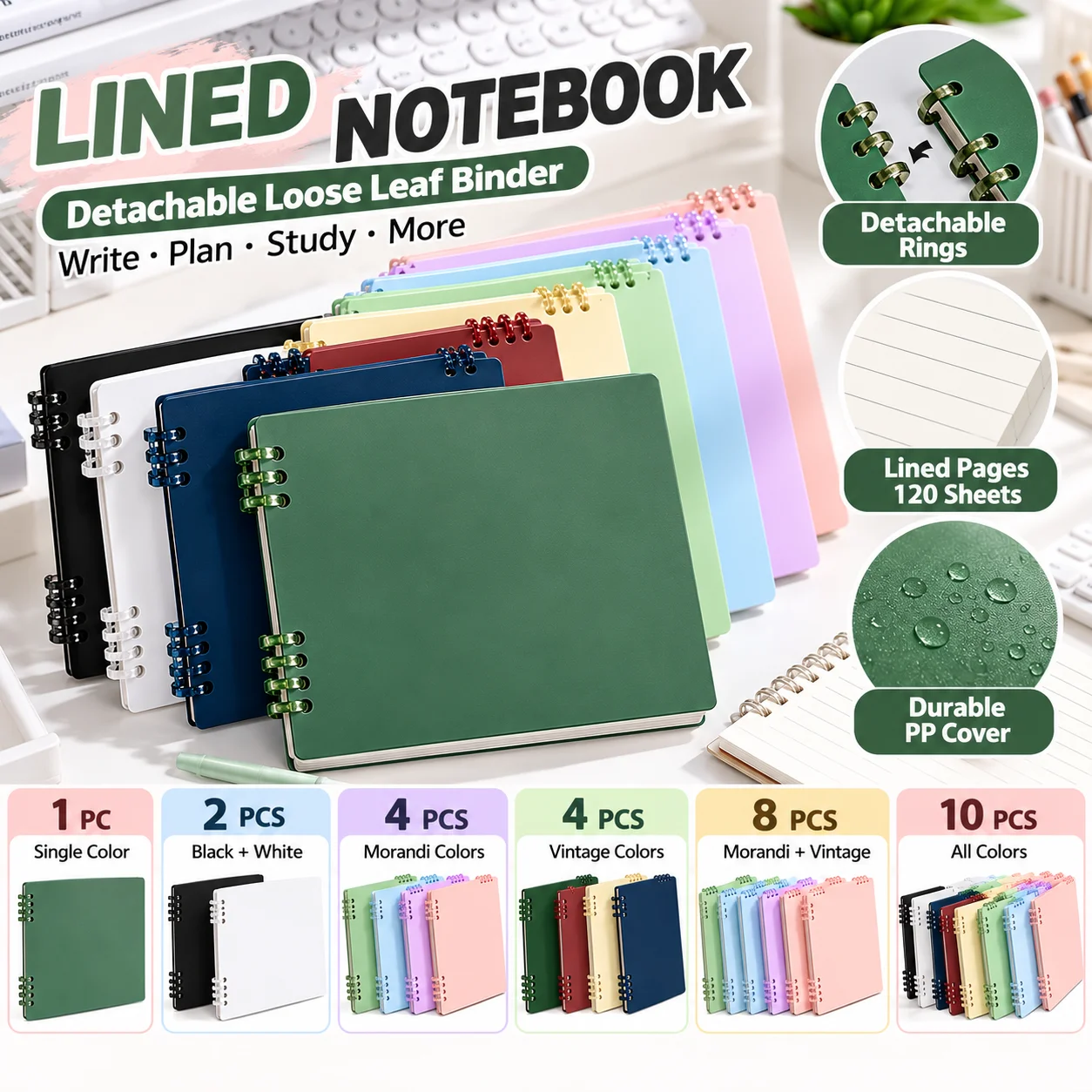 1/2/4/8/10PCS Spiral Notebook 120 Pages Lined Paper Square Loose Leaf Notepad Colorful Flip Top Journal For Students School