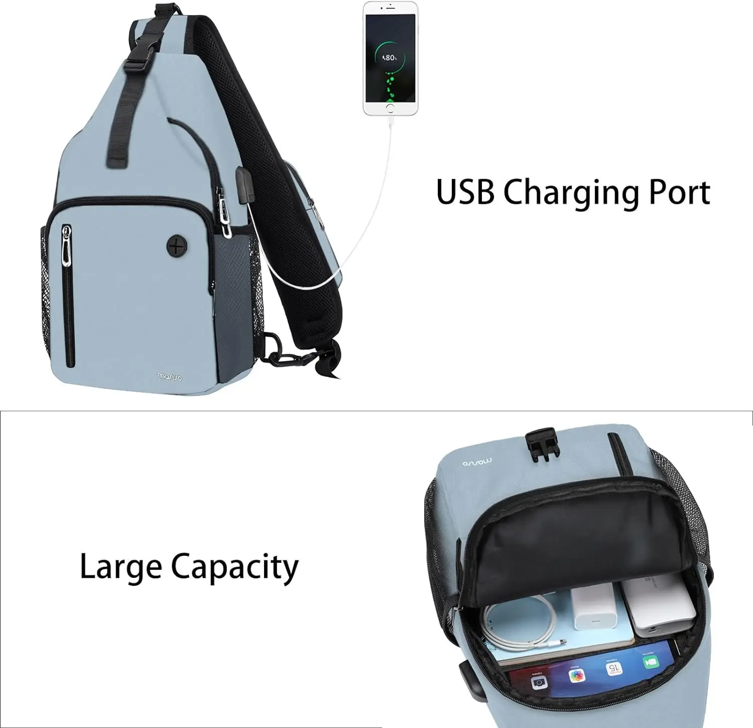 Sling Bags crossbody for Ladies Men Women Travel Hiking Daypack Backpack Chest Bag with Front Square Pocket & USB Charging Port