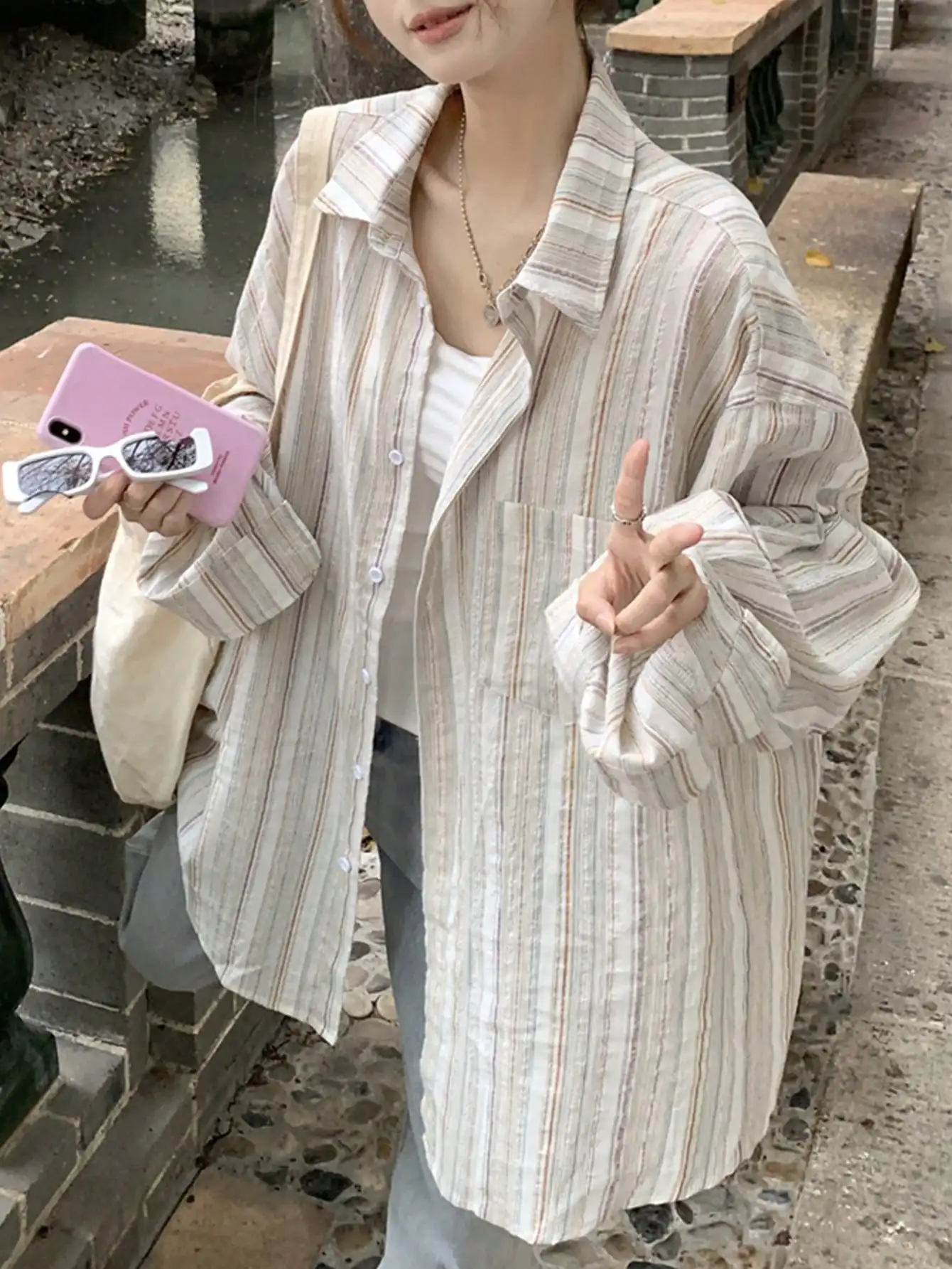 Korean Chic Spring 2025 New Casual Loose Stripesd Lazy Sunscreen Units