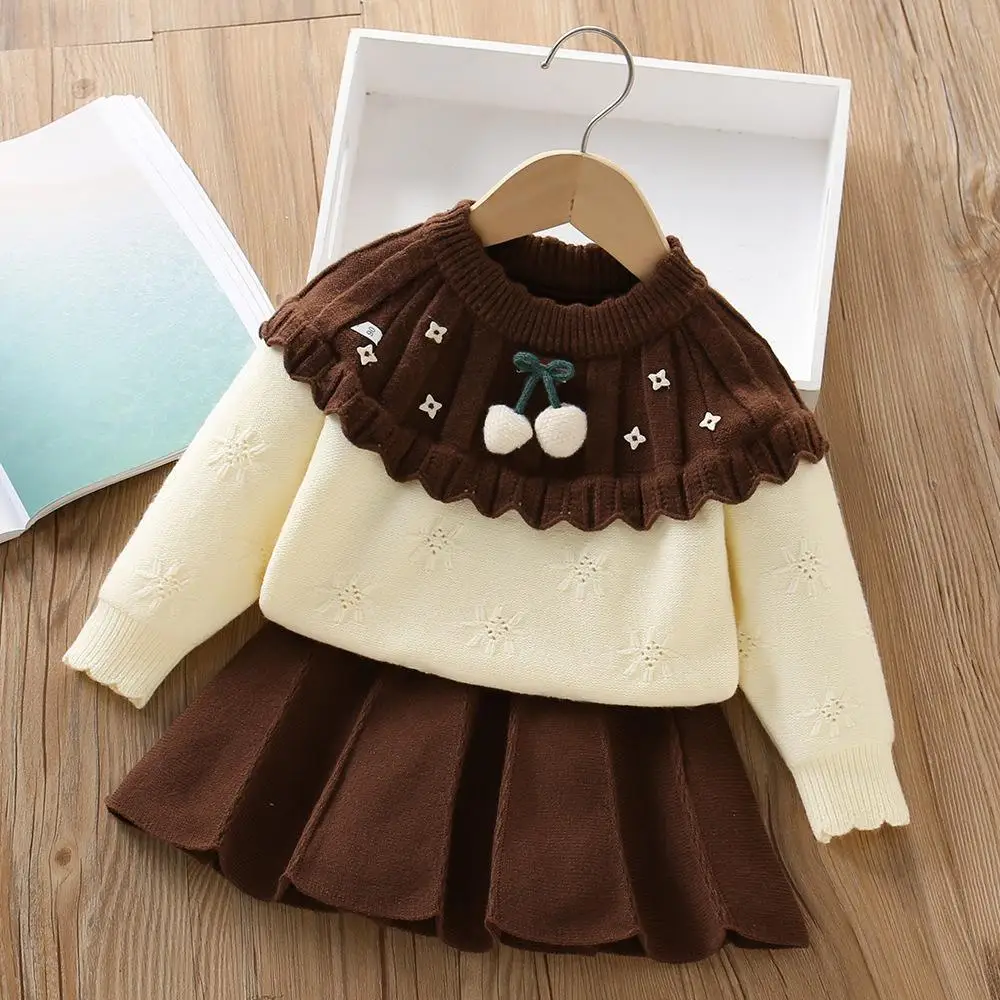 Girls Knitted Clothes Sets Spring Autumn Children Woolen Jersey Sweaters Tops Skirts 2pcs Dress Suit For Baby Party Outfits Kids