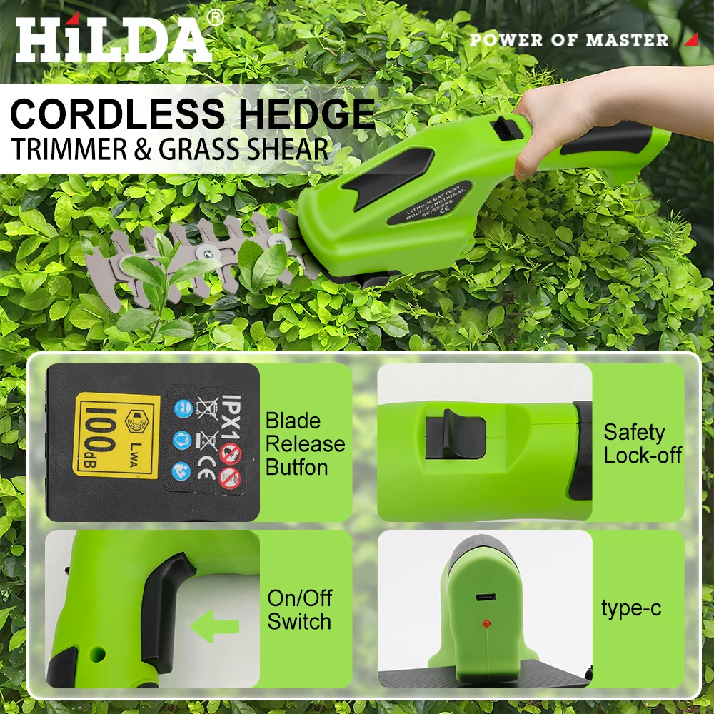 HILDA 2-in-1 Handheld Hedge Trimmer Electric Grass Trimmer Lightweight Shrub Trimmer Green Garden Bush Trimmer Cordless