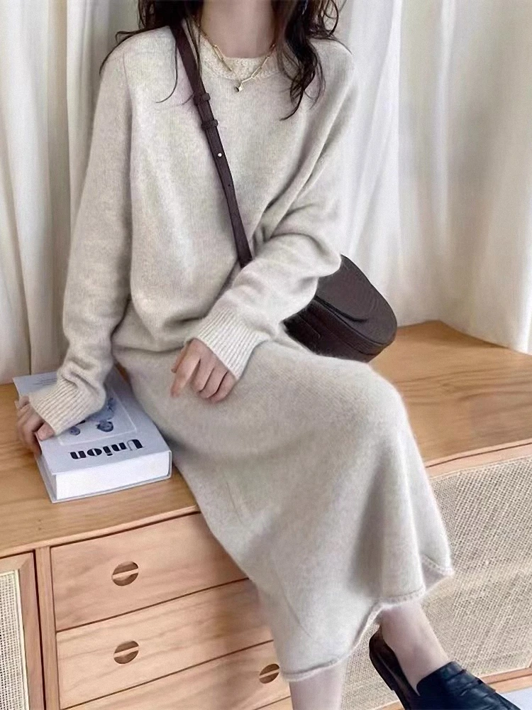 

Round neck cashmere sweater women's long dress knee-length long skirt knitted with bottoming shirt loose sweater