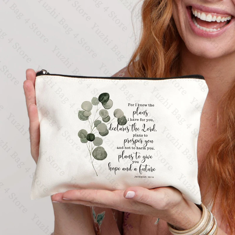 Bible Scripture Jeremiah 29:11 for I Know The Plans Watercolor Eucalyptus Leaf Pattern Makeup Cosmetic Bag Christian Religious