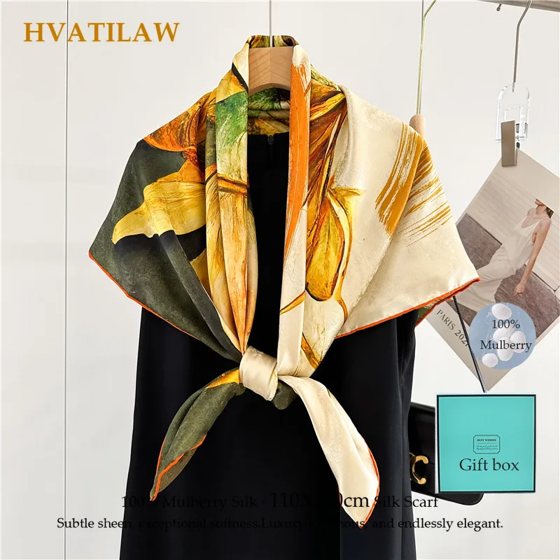 

2026 Luxury Floral Scarf 110cm Square Real Silk 100% Mulberry Silk Large Shawl Wrap Scarves Echarpes Bufanda Bandana Pashmina